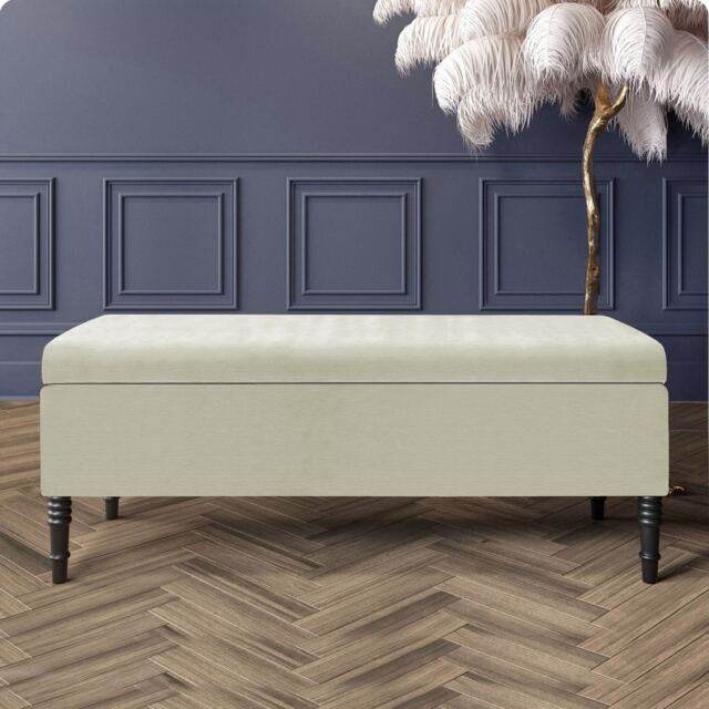 90cm Paris Plain Ottoman Storage Bench -Naples Shoes Bench with Black Turned Wooden Legs - Cream Upholstery Storage Footstool
