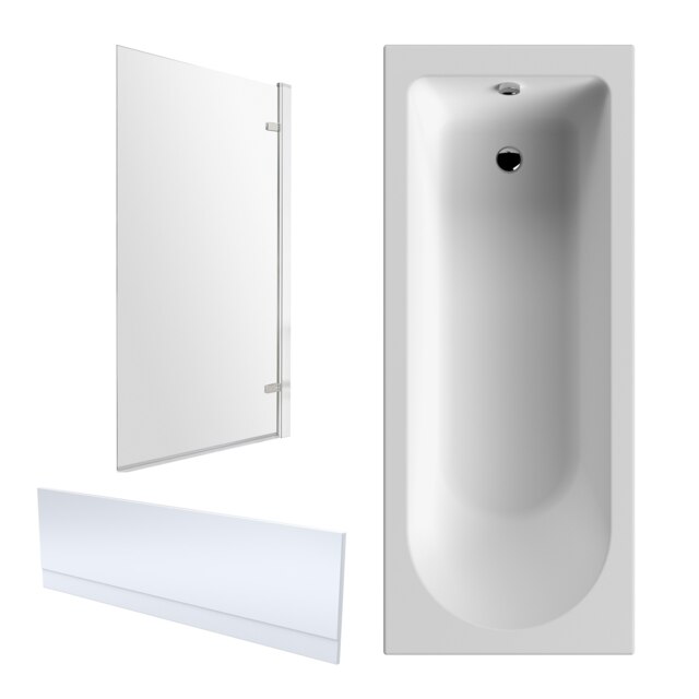 Bath Suite - 1700x750mm Round Bath, Front Panel and Hinged Bath Screen - Chrome White