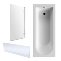 Bath Suite - 1700x750mm Round Bath, Front Panel and Hinged Bath Screen - Chrome White