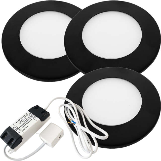 3 Pack Matt Black Ultra-Slim Round LED Under Cabinet Lights with Driver Kit - Natural White Glow