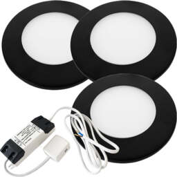 3 Pack Matt Black Ultra-Slim Round LED Under Cabinet Lights with Driver Kit - Natural White Glow