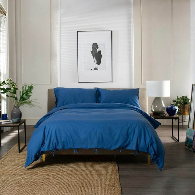 100% Washed Cotton Duvet Cover Set – Soft, Breathable & Textured with Tie Fastening Blue Blue King