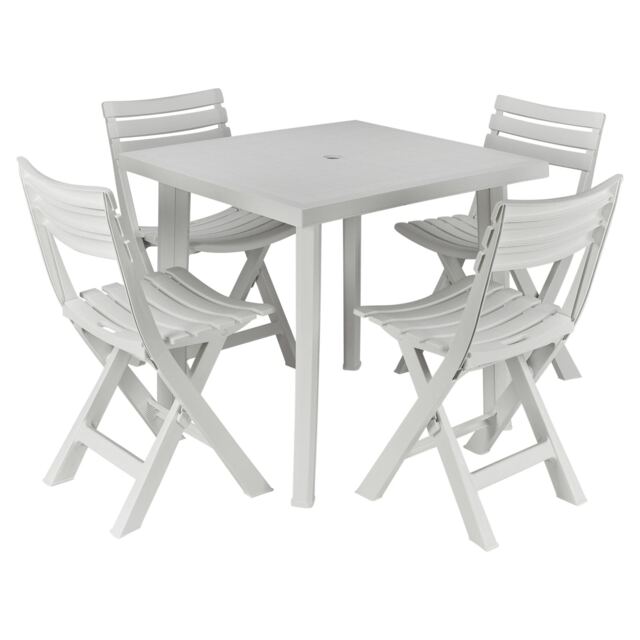 White Plastic Garden Dining Table with Chairs Set Patio Deck Outdoor Furniture White White 5 Piece Set
