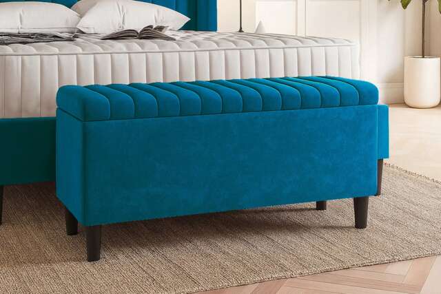 180cm Lined Upholstered Ottoman Storage box - Emerald Green Plush Velvet Blanket Storage Box with Wooden Legs