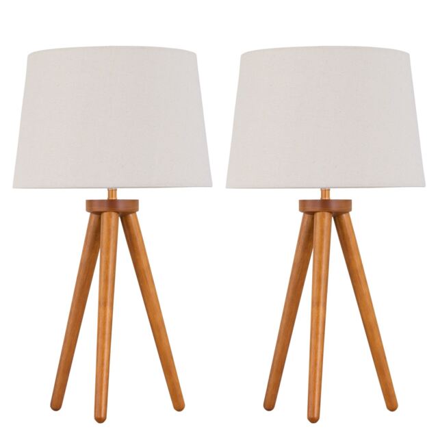 Set of 2 Dark Oak Table Lamp or Bedside Lights with Linen Shades Brown Brown Large 2