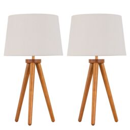 Set of 2 Dark Oak Table Lamp or Bedside Lights with Linen Shades Brown Brown Large 2