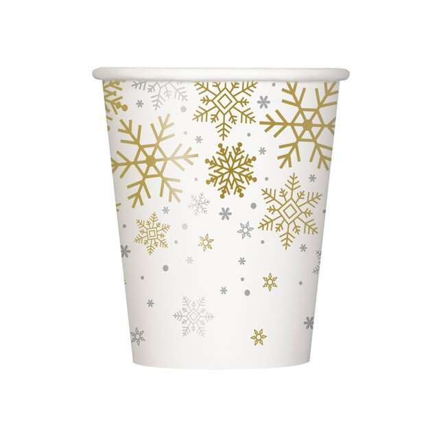 Gold & Silver Snowflake Print Christmas Paper Cups 270ml - Pack of 8