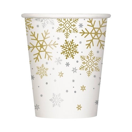 Silver & Gold Snowflakes Christmas Compostable Paper Cups 270ml - Pack of 8