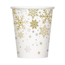 Silver & Gold Snowflakes Christmas Compostable Paper Cups 270ml - Pack of 8