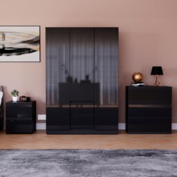Vida Designs Glinton 3 Piece FSC Certified Bedroom Set (2 Drawer Bedside Chest, 3 Drawer Chest, 3 Door 2 Drawer Wardrobe), Black Black Black L 3