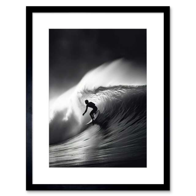 "Surfer Riding a Big Wave Black White 9x7"" Black Framed Wall Art Print"