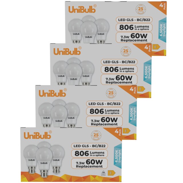 UniBulb LED GLS B22 Bayonet Cap (BC) 806lm 7.3W (Replaces 60W) 6500K (Daylight) Light Bulb - Pack of 16