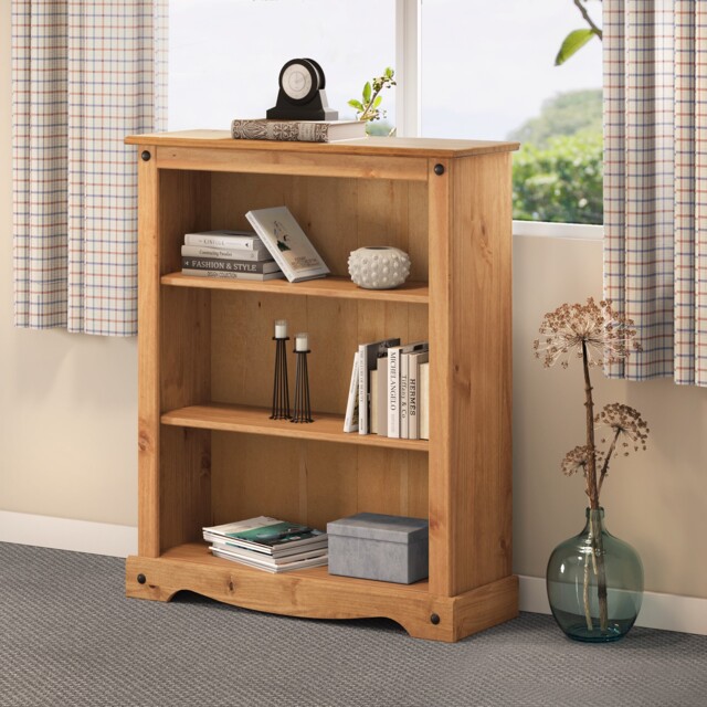 Mercers Furniture Corona Small Bookcase 2 Shelf Low Open Shelving Storage Solid Wood Pine Wooden with Mexican Styling