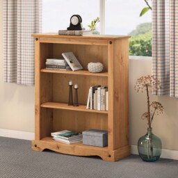 Mercers Furniture Corona Small Bookcase 2 Shelf Low Open Shelving Storage Solid Wood Pine Wooden with Mexican Styling