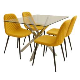 Modern Rectangle Glass Dining Table Set With 4 Mustard Gem Pattern Chairs Dining Room Furniture