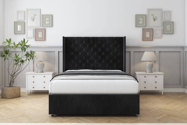 "Sloomy Dior Black Naples Divan Bed With Mattress 2 Drawers Footend With 54"" Wingback Headboard 6' Super King Black Black Super King 1"