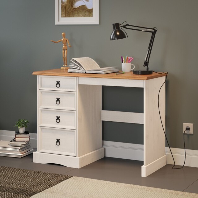 Mercers Furniture Corona White 4 Drawer Dressing Table Computer Desk Solid Wood Pine Wooden with Mexican Styling
