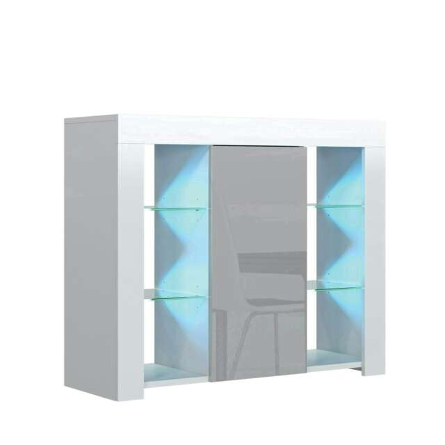 Sideboard 97.5cm Grey Gloss Door White Matt Body Glass Shelves Free LED White Grey