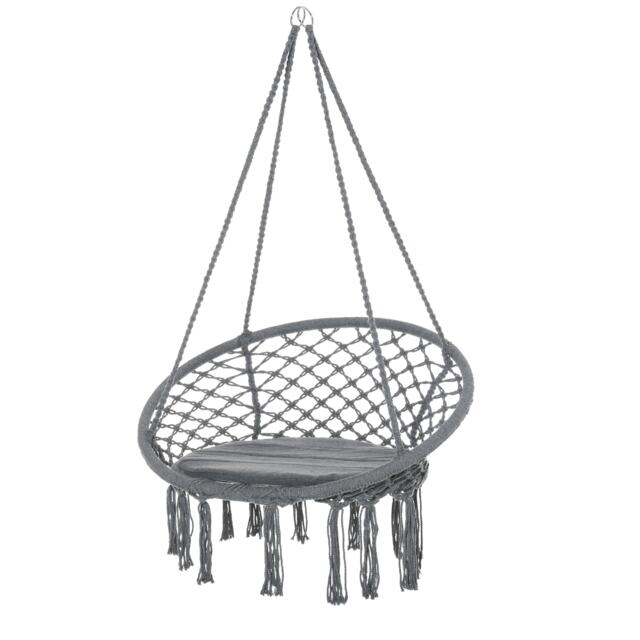 Outsunny Macrame Hanging Chair Swing Hammock for Indoor & Outdoor Use Grey Grey Grey