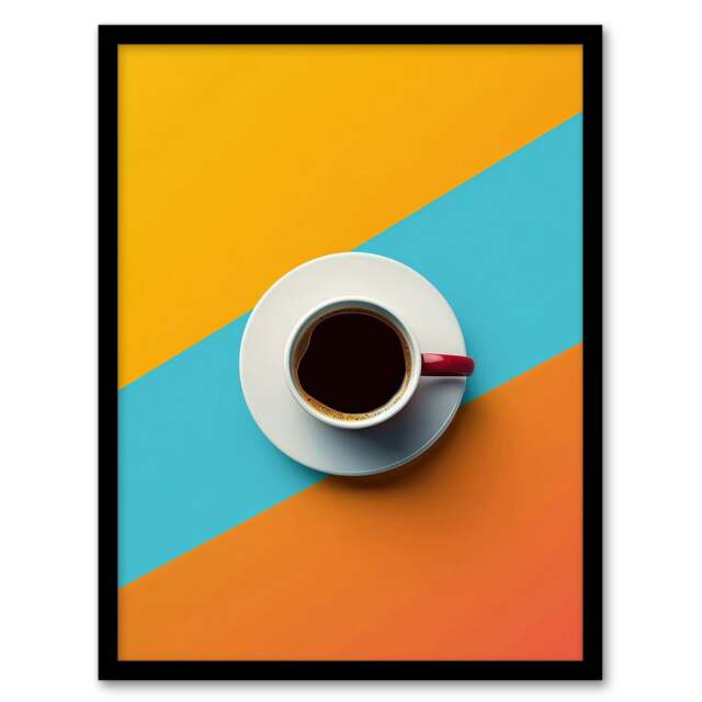 Coffee Cup Aerial View Vibrant Geometric Kitchen Black Framed Wall Art Print A4