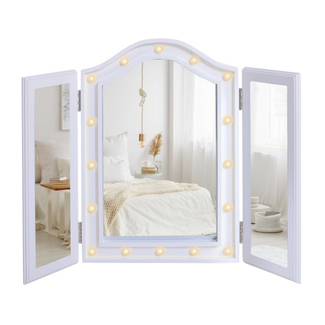 HOMCOM Lighted Tri-Fold Vanity Mirror Large Cosmetic Mirror w/ LED Lights White White
