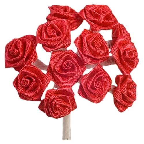 Red Fabric Ribbon Roses - Bunch of 12
