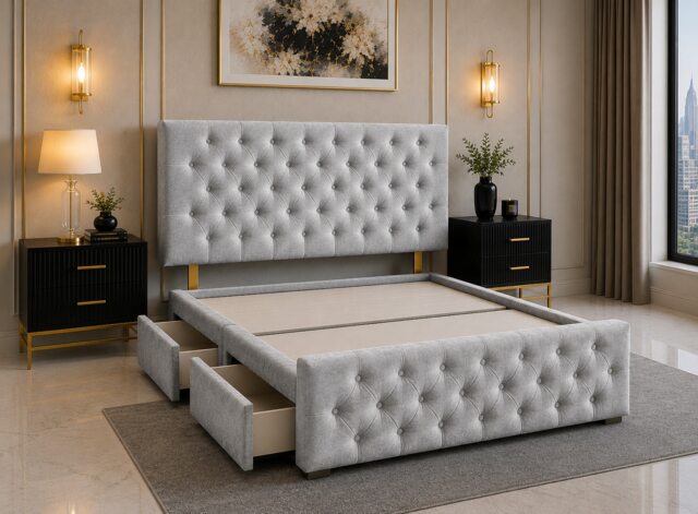 Brooklyn Divan Bed with Upholstered Headboard & Footboard Base - Double Silver Coniston 2 Drawers Storage Left Side in Bed