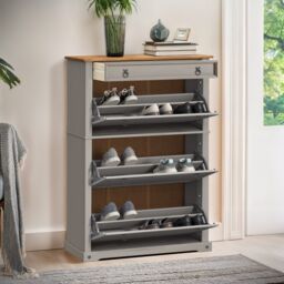 Mercers Furniture Corona Grey Wax 1 Drawer 3 Shelf Shoe Rack Chest Solid Wood Mexican Pine Wooden Hallway Storage