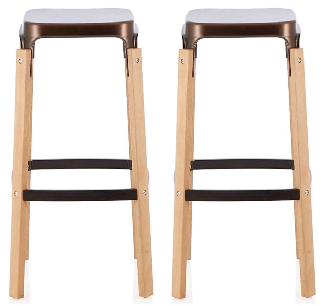 Pair of Metal & Wood Kitchen Bar Stools. Bronze Barstools Bronze