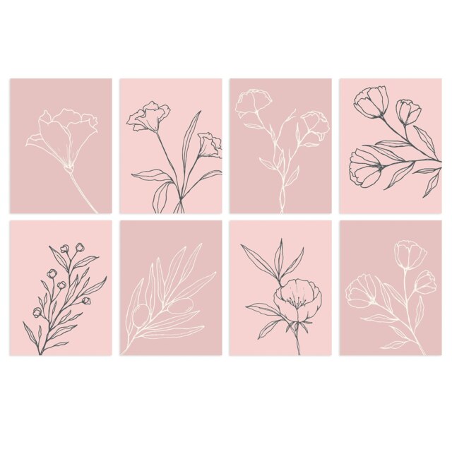 Pack of 8 Pastel Pink Wildflower Outline Modern Floral Bedroom Decor Wall Art Print A4