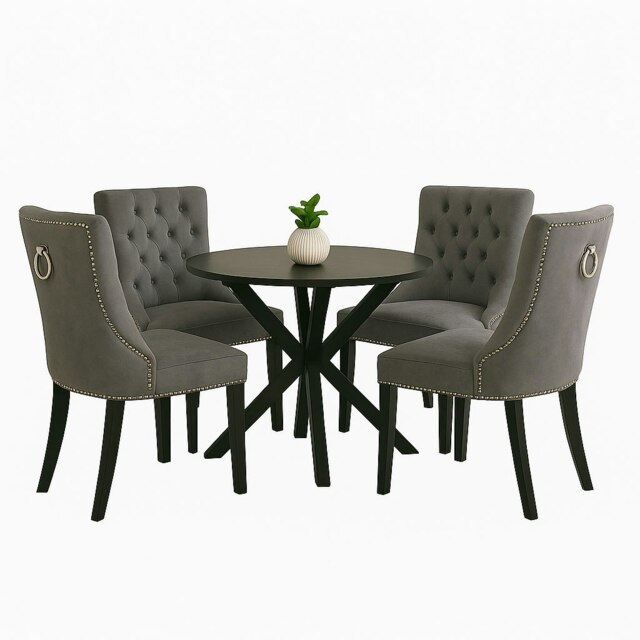 Dark Grey Set of Four Studded Velvet Dining Chair with Ring Knocker Detail Grey Dark Grey