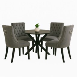 Dark Grey Set of Four Studded Velvet Dining Chair with Ring Knocker Detail Grey Dark Grey