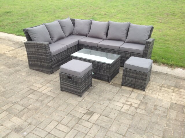 Fimous 8 Seater High Back Rattan Garden Furniture Set Corner Sofa With Oblong Coffee Table Footstool