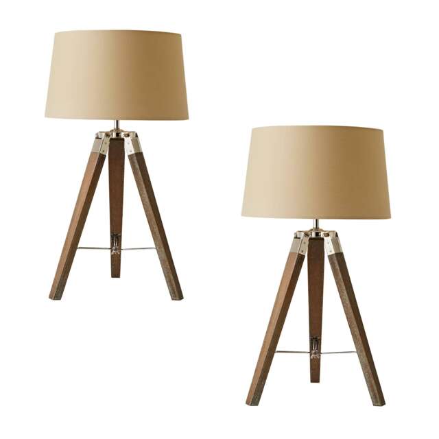 ValueLights Clipper Pair Light Wood Tripod Table Lamp Beige Taper Shade and Bulb