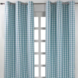 Homescapes Cotton Block Check Gingham Eyelet Curtains - 137 x 228 cm Blue Blue