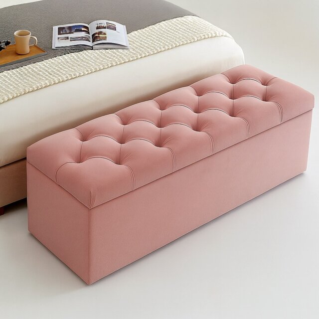 120cm Chesterfield Ottoman Storage Box, Pink Plush Velvet Upholstered Blanket Box, End of Bed Bench, Deep Storage Chest