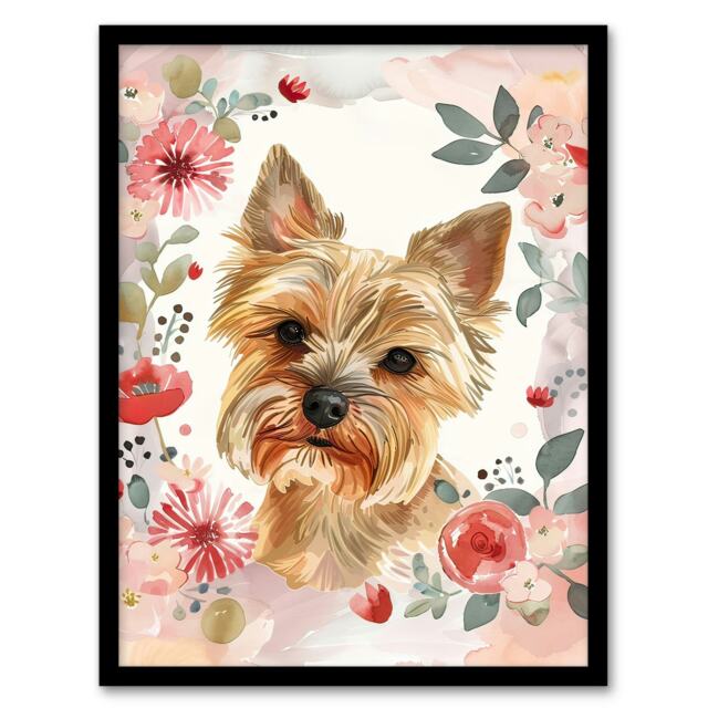 Teacup Yorkshire Terrier Dog Pink Floral Black Framed Wall Art Print A4