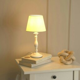 ValueLights Sara White Wood Traditional Candle Stick Table Lamp with Tapered Lamp Shade & Bulb White