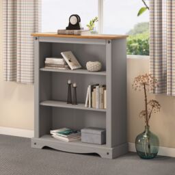 Mercers Furniture Corona Grey Wax Small Bookcase 2 Shelf Open Shelving Display Unit Solid Wood Pine Wooden with Mexican Styling