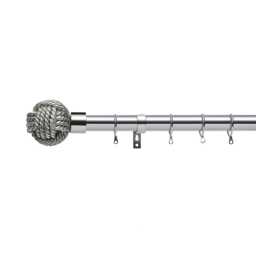 Lister Cartwright 28mm Polished Steel Fixed Metal Curtain Pole Set Rings with Knotted Ball Finial Easy fit (150 cm)