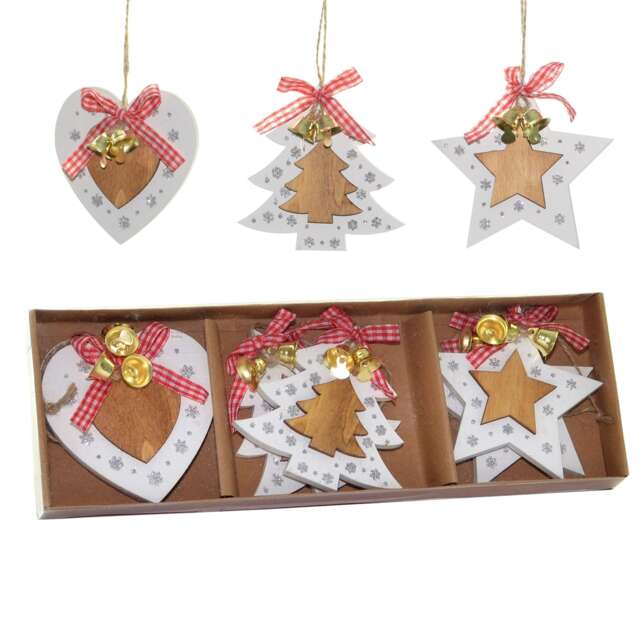 Christmas Tree Ornaments Wooden Aesthetic Hanging Decorations set of 6 pcs with Ribbons and Bells Xmas DIY Holiday