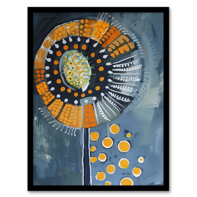 Abstract Dandelion Orange Floral Folk Art Black Framed Wall Art Print A4