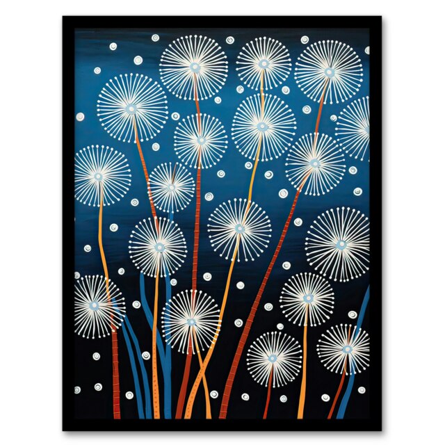 Dandelion Seeds Fireworks Folk Art Home Decor Black Framed Wall Art Print A4