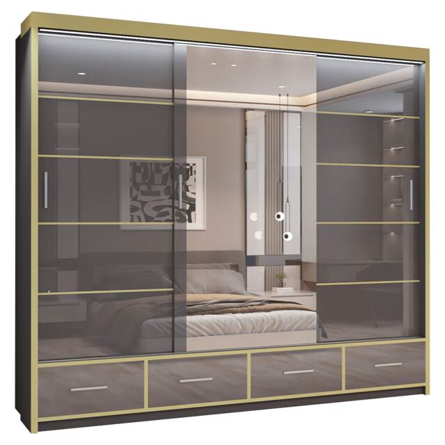 Modern Bedroom Storage Wardrobe with Mirrored Sliding Doors and Drawers - Grey 253cm