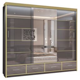 Modern Bedroom Storage Wardrobe with Mirrored Sliding Doors and Drawers - Grey 253cm