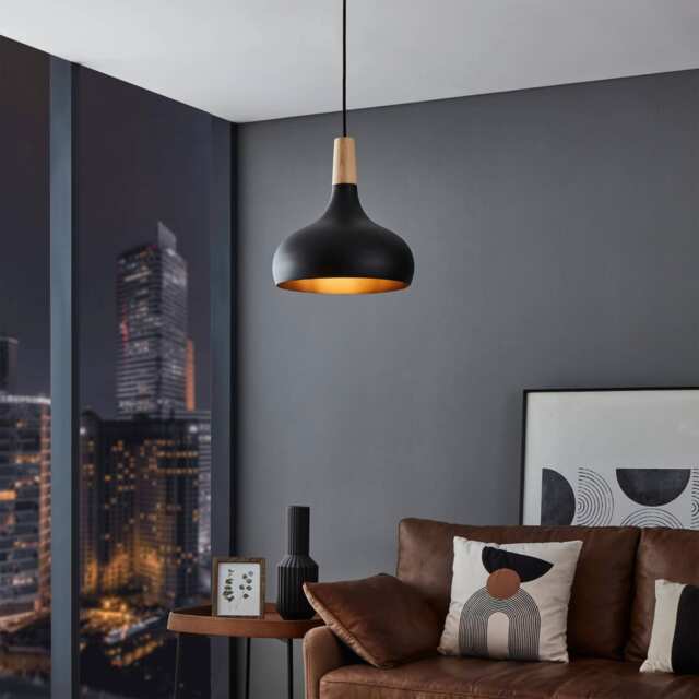 EGLO Sabinar Metal/Wood Black & Brown Single Pendant, 28cm White