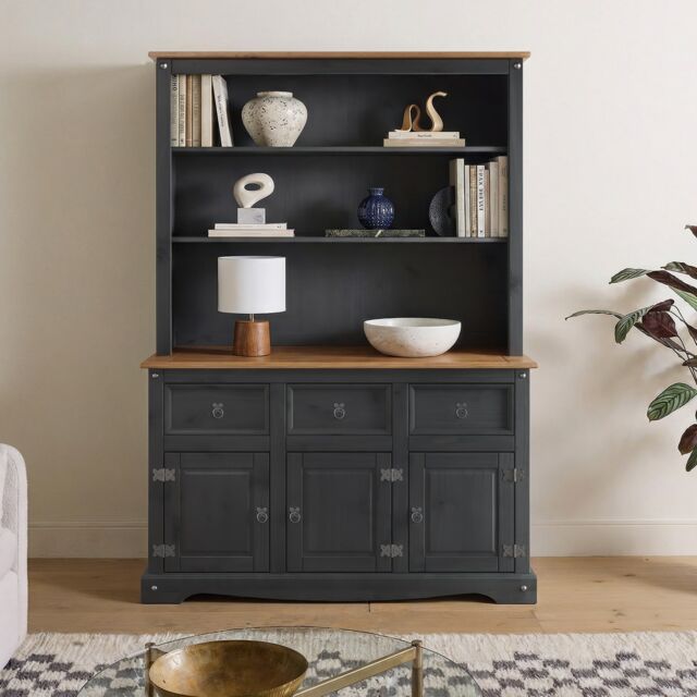 Mercers Furniture Corona Charcoal 3 Door Dresser Large Sideboard Display Cabinet Buffet Hutch Cupboard Shelving Solid Wood Mexican Pine Dark Grey