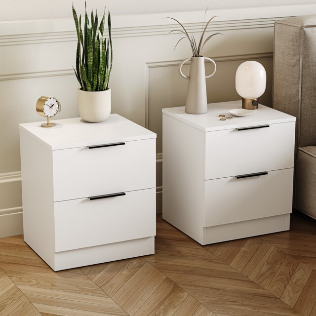 Vida Designs Trega 2 Drawer Bedside Chest Bedroom Storage Unit, (H) 41cm x (W) 39cm x (D) 28cm, White, Set of 2