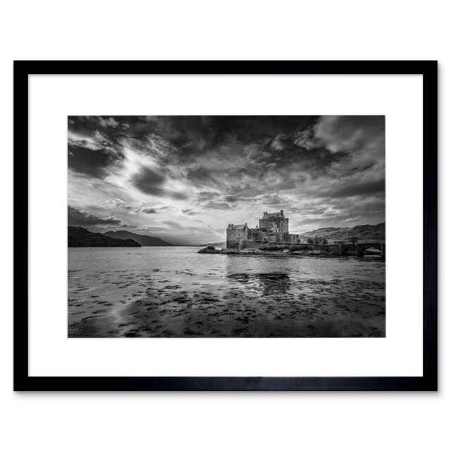 "Scottish Photo Landscape Eilean Donan Castle BW 12x16"" Framed Wall Art Print"
