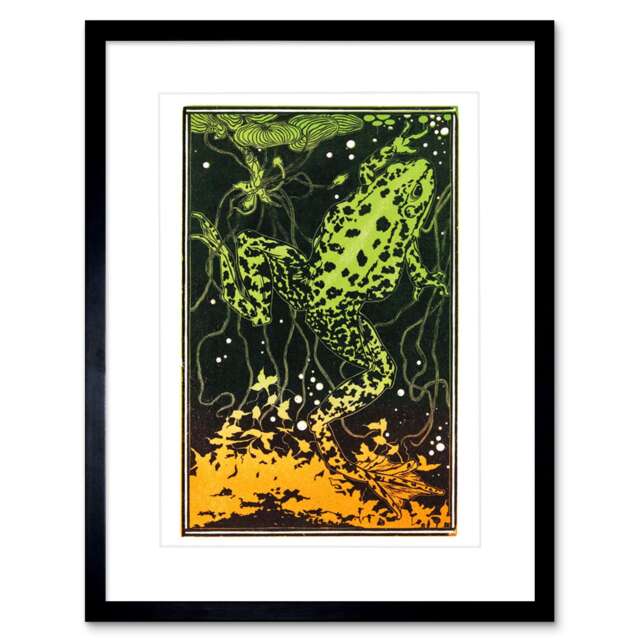 "Swimming Frog Julie De Graag Green Orange 9x7"" Black Framed Wall Art Print"